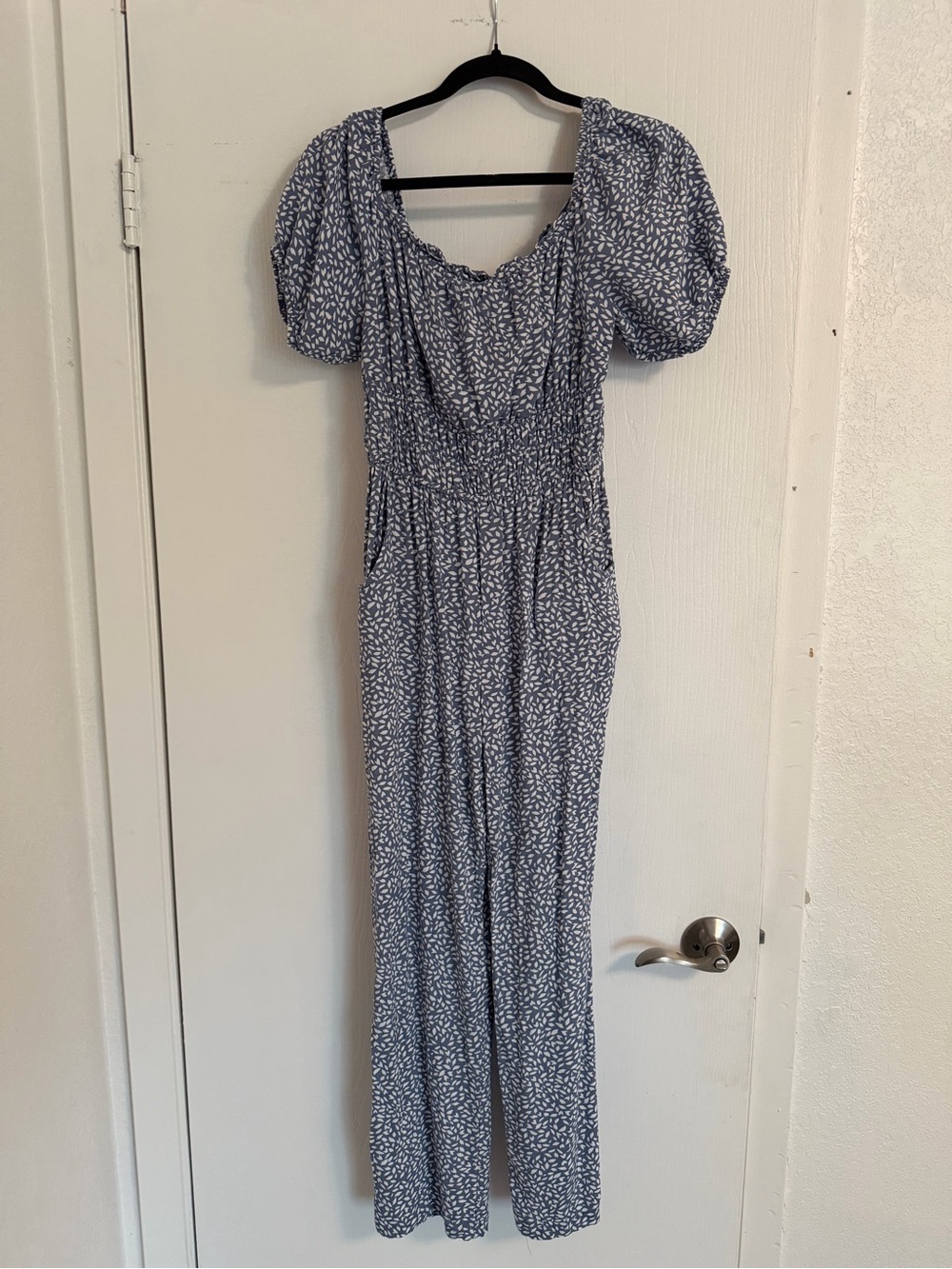 Sincerely Jules Blue & White Printed Smocked Jumpsuit - Size Small